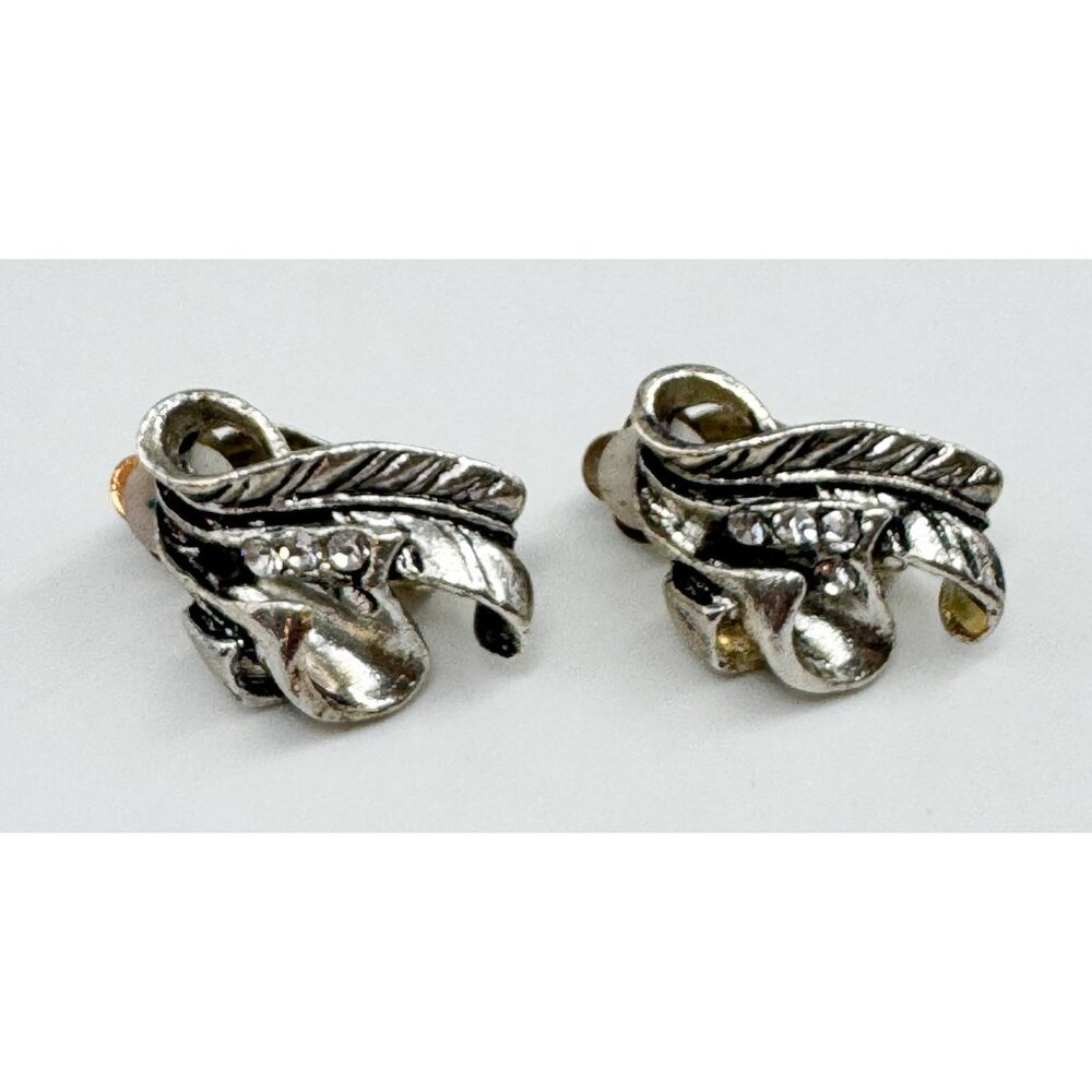 Vintage Silver Tone Y2K Clear Rhinestone Curled Leaf Leaves Clip On Earrings